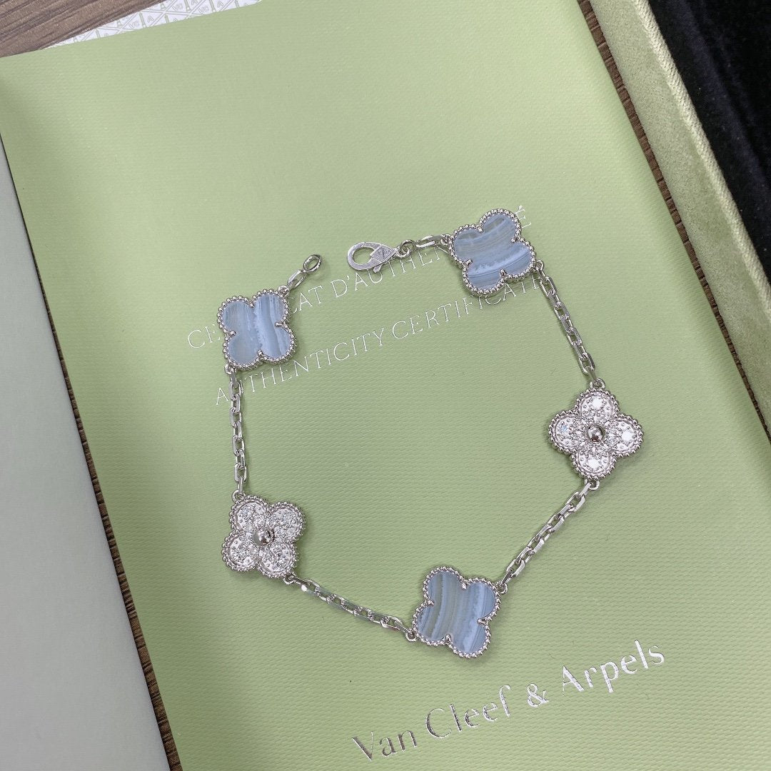 [Violet JW]CLOVER  5 MOTIF DIAMOND PURPLE CHALCEDONY BRACELET SILVER