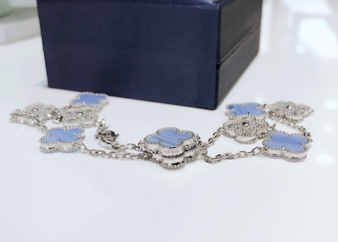 [Violet JW]CLOVER 10 MOTIFS CHALCEDONY DIAMONDS SILVER NECKLACE