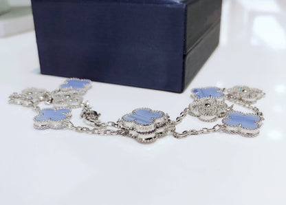 [Violet JW]CLOVER 10 MOTIFS CHALCEDONY DIAMONDS SILVER NECKLACE