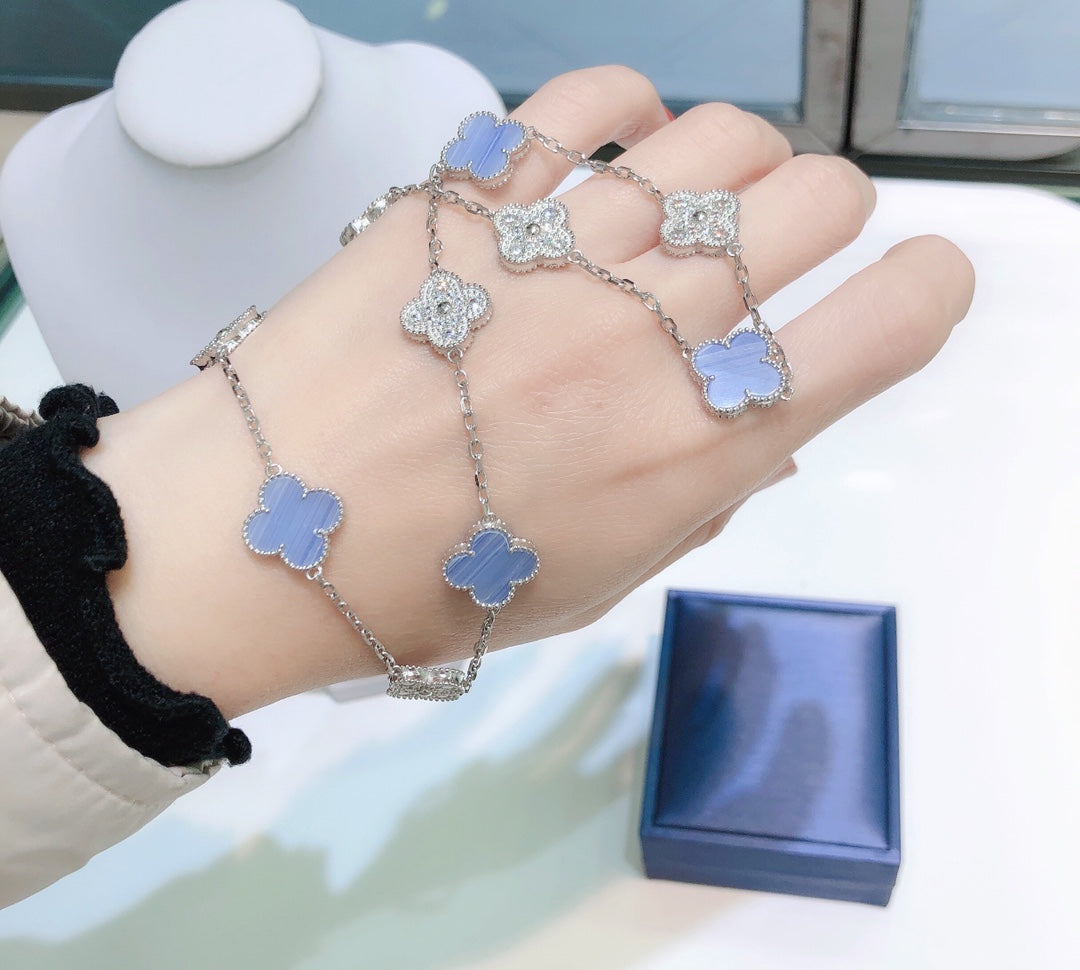 [Violet JW]CLOVER 10 MOTIFS CHALCEDONY DIAMONDS SILVER NECKLACE