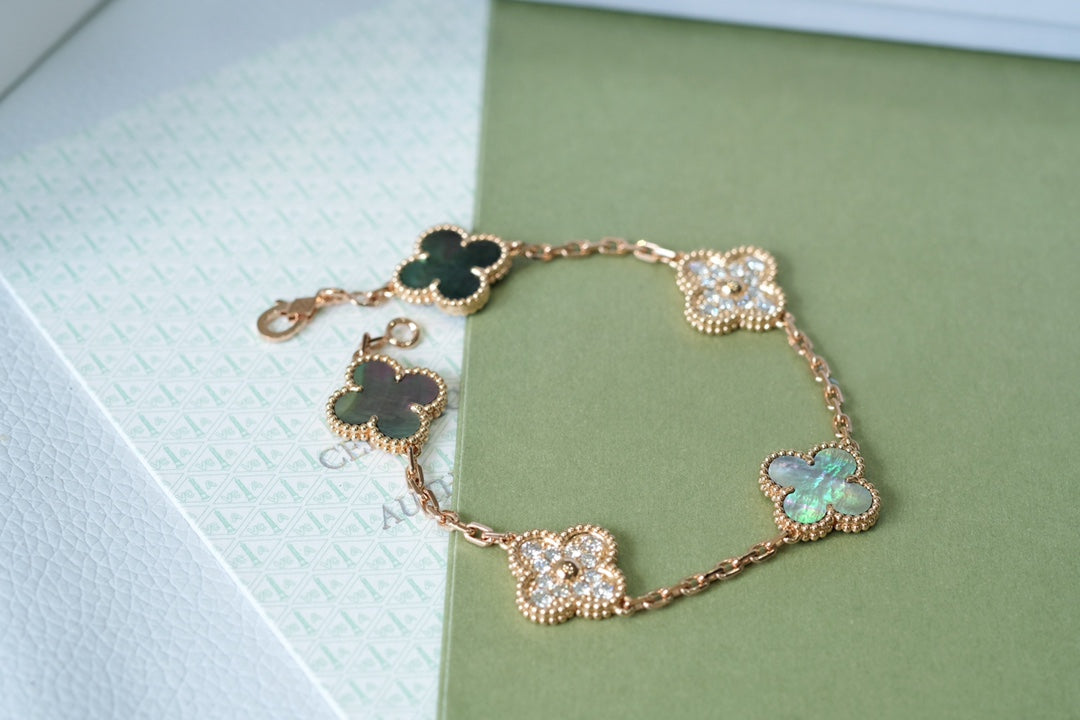 [Violet JW]CLOVER 5 MOTIFS DARK MOP AND DIAMONDS PINK GOLD BRACELET