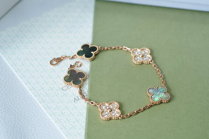 [Violet JW]CLOVER 5 MOTIFS DARK MOP AND DIAMONDS PINK GOLD BRACELET