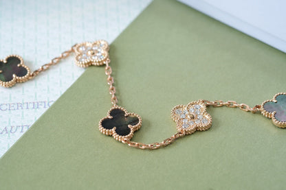 [Violet JW]CLOVER 5 MOTIFS DARK MOP AND DIAMONDS PINK GOLD BRACELET
